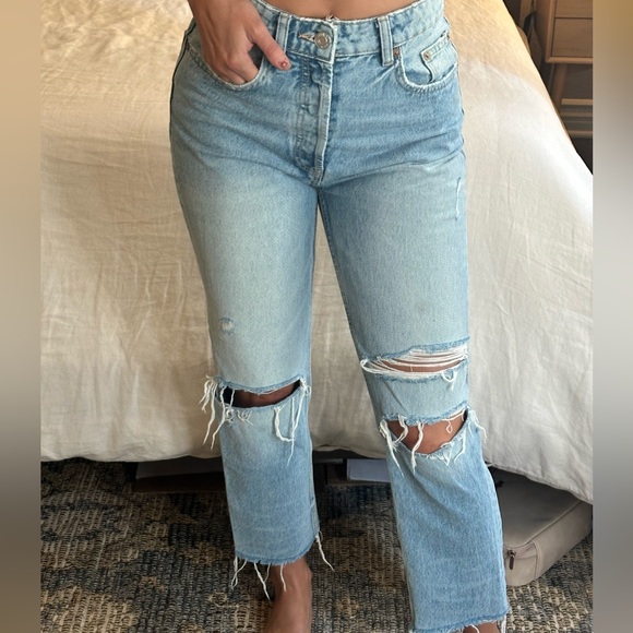 Zara Blue Straight Leg Jeans with Distressed Details - Picture 1 of 4